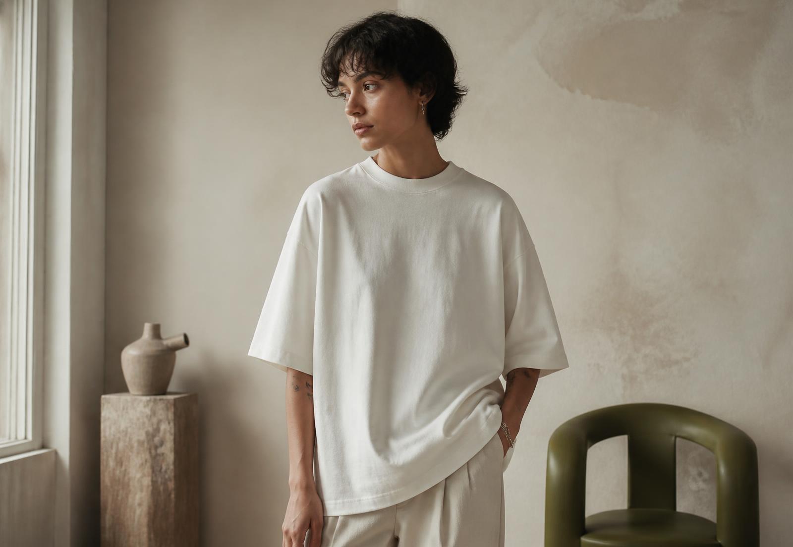 Model wearing an off-white heavyweight cotton tee in soft daylight